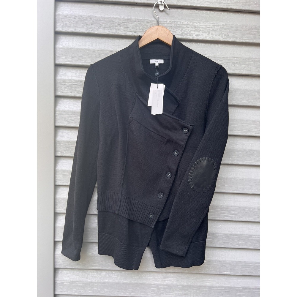 SOH Black Moto Cashmere/Cotton Blend Jacket/Cardigan With Leather Elbow Patch S